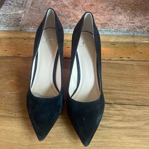 Black suede block heel pumps